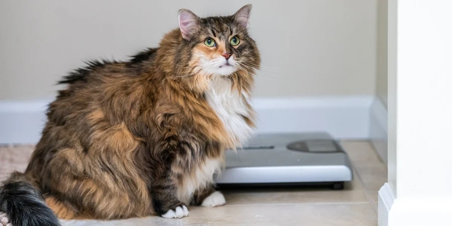 chat en surpoids qui nous regarde avec une balance à coté de lui pour voir s'il doit maigrir